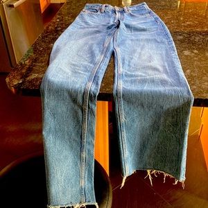 Like new. Zara TRF wide leg jeans . Mid blue frayed bottoms.